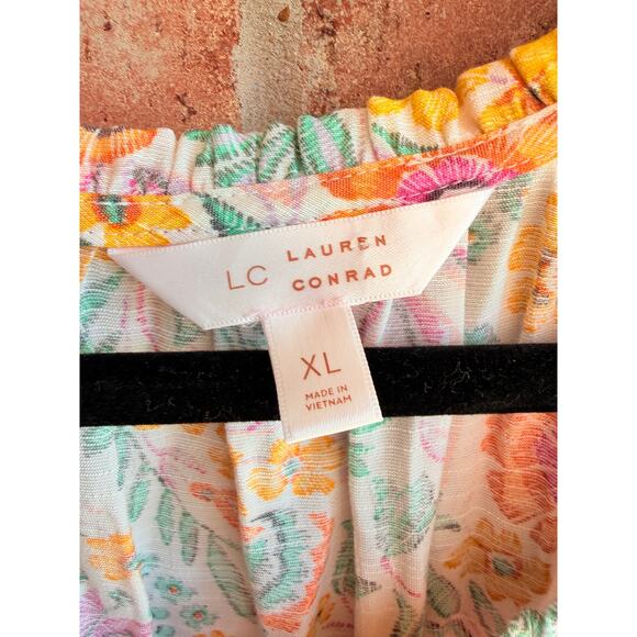 LC Lauren Conrad Women's Multicolor Floral Split V-Neck Long Sleeve Blouse Sz XL - Picture 3 of 3